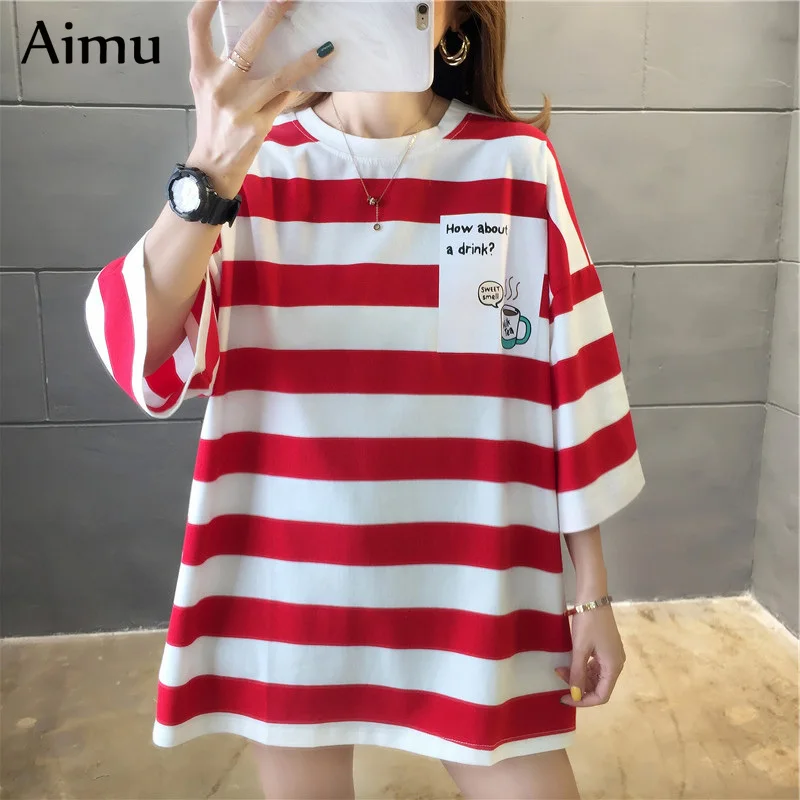 harajuku Women Rainbow Striped Oversized T-shirt Fashion 90s short Sleeve T-shirts Female Casual Tops Clothes Streetwear T shirt