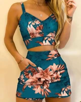 floral print shorts set women summer 2022 v neck sexy sleeveless cami top pocket decor fashion casual suit two piece sets