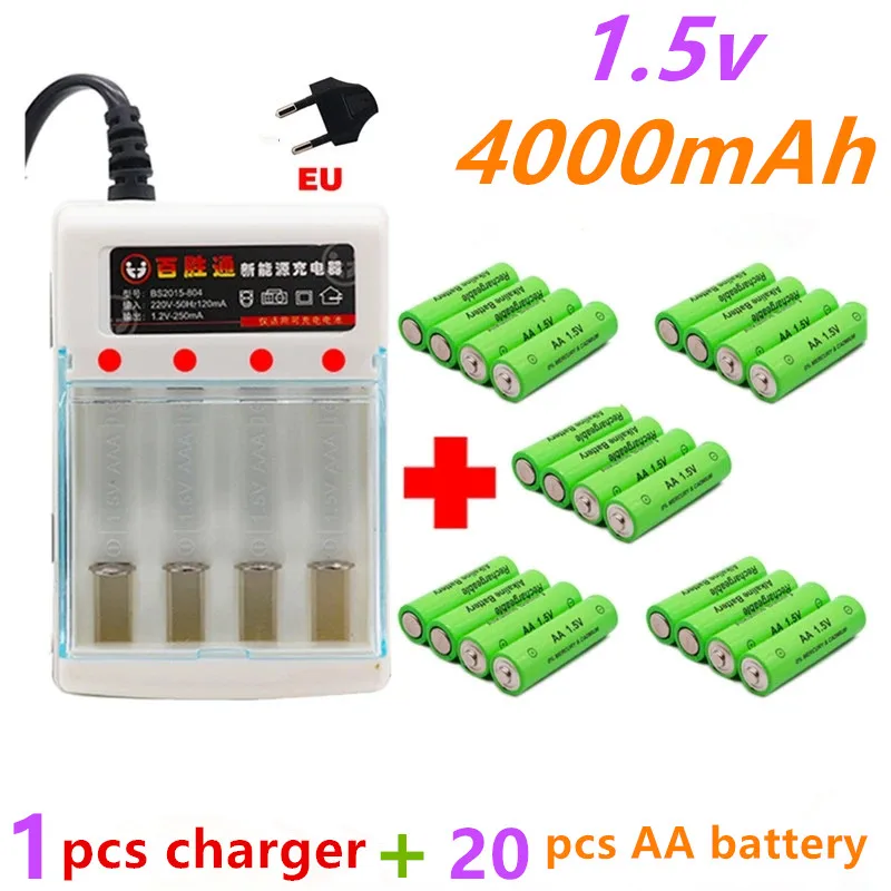 

100% New AA battery 4000mAh rechargeable battery AA 1.5V Rechargeable New Alcalinas drummey +1pcs 4-cell battery charger