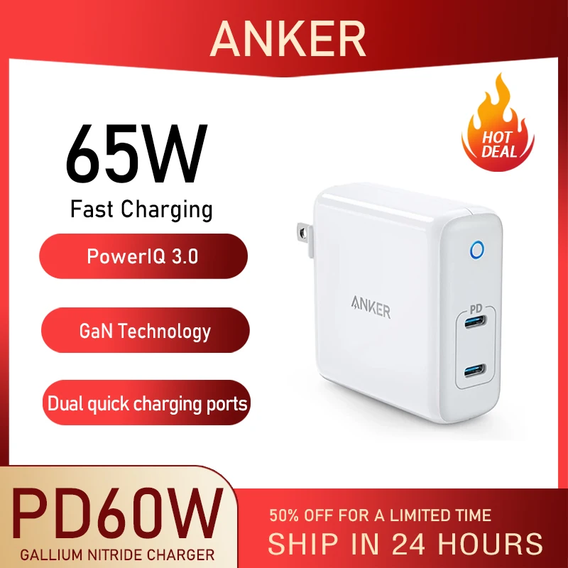 

Anker 60W 2-Port USB C Charger, PowerPort Atom PD 2 [GAN Tech] Compact Foldable Wall Charger, Power Delivery for MacBook Pro