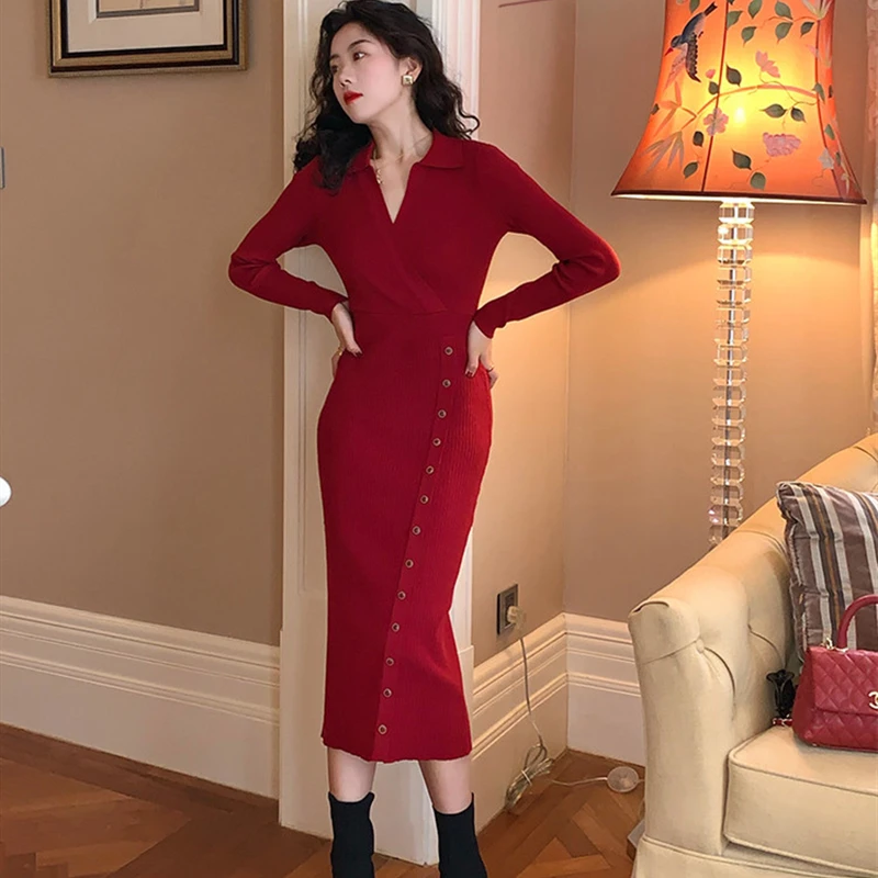 

Vintage Women Knitted Dress Autumn Winter V-neck Sexy Slim Midi Dress Buttons Female Sweater Dress