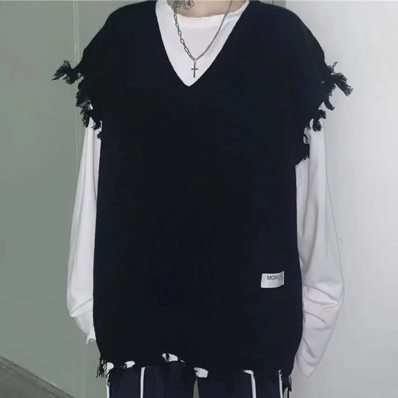 

Трикотажный свитер в стиле Харадзюку для мужчин, Корейская одежда, хлопковый жилет в стиле преппи с V-образным вырезом, вязаные повседневные...