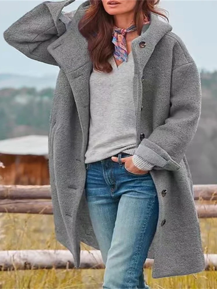

Elegant Wool Blended Long Sleeve Coat 2022 Autumn/Winter Single breasted Casual Solid Elegant Pocket Hooded Coat