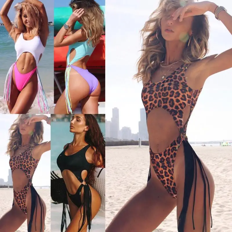 Fashion Leopard Pattern Swimsuits Sexy Hollow Out One Piece Bathing Suits Bright Color Swimwear Surfing Bikinis Monokini