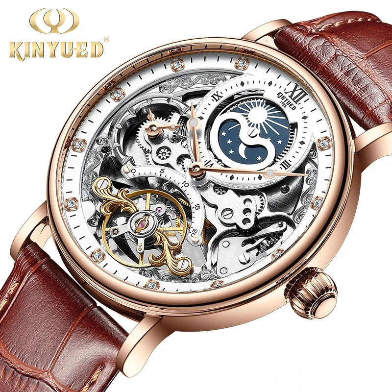 KINYUED Waterproof Mens Tourbillon Skeleton Watches Top Brand Luxury Transparent Mechanical Moon phase Sport Male Wrist |