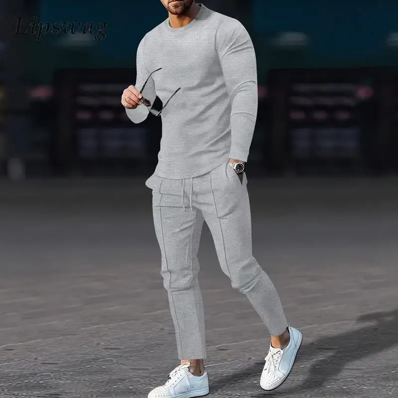 

New Casual Slim Two Piece Sets Men Solid Color Outfits Autumn Leisure O Neck Long Sleeve T Shirt And Pants Tracksuits Mens Suits