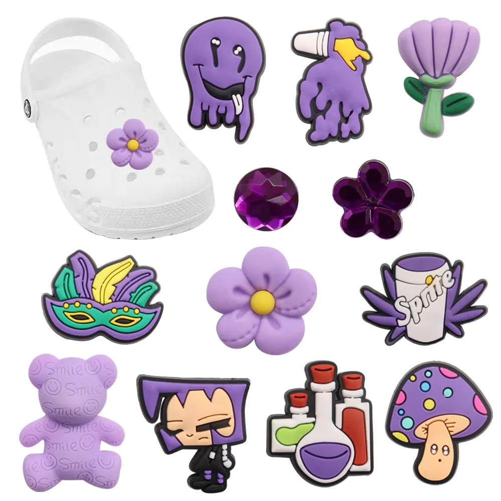 

Mix 50Pcs Purple Mushroom Flower Drink Octopus PVC Shoes Charms Accessories Buckle Sandals Decorations DIY Wristbands Croc Jibz