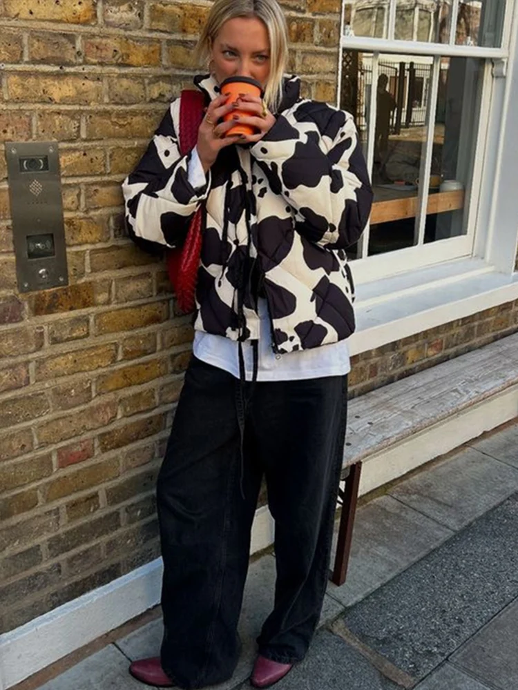 Модное женское пальто с принтом в стиле ретро круглым вырезом на молнии и лентой