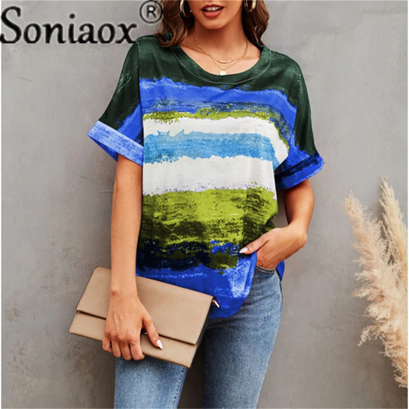 Женская Повседневная футболка с градиентным принтом винтажная свободная