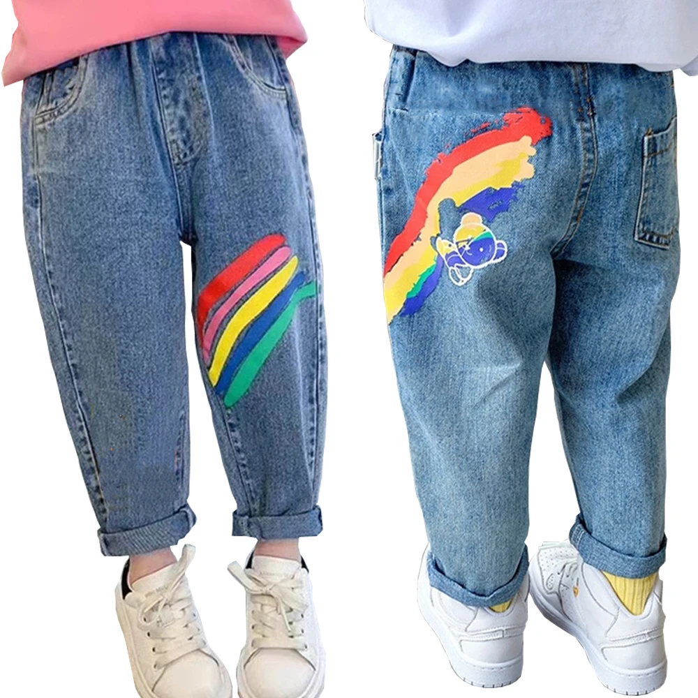 

Hot Deals Jeans for Teenage Girls Kids 3-6Yrs High Quality Graffiti Painting Print Casual Pants with A Rainbow Cartoon Trousers