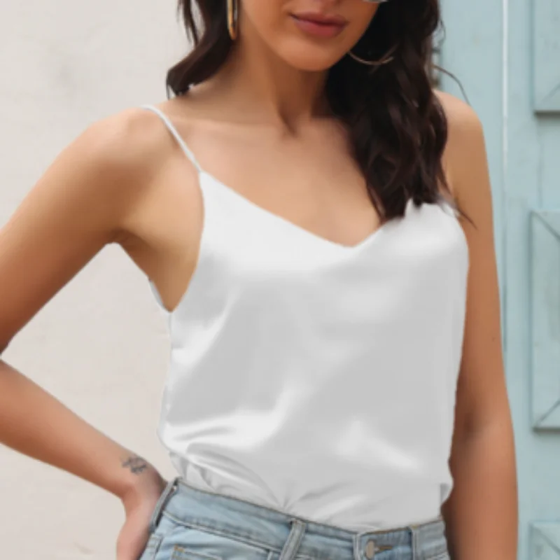 

2023 Fashion New Solid Backless Shirt Summer Satin Sleeveless Blouse V Neck Sexy Silk Tank Top Casual Vest Ladies Blusas 26402