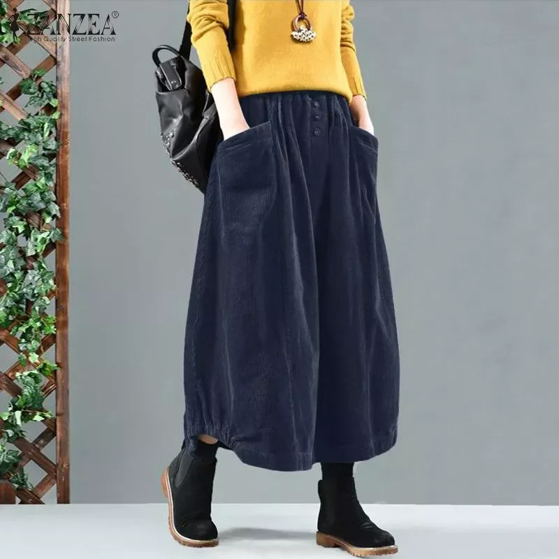 

Kaftan Corduroy Skirts 2022 Women Autumn Sundress ZANZEA Casual Elastic Waist Maxi Vestidos Female Solid Robe Femme Faldas Saia