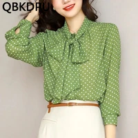 korean office lady elegant dot green blouses women single breasted lace up shirt spring streetwear deisgn plus size vintage tops