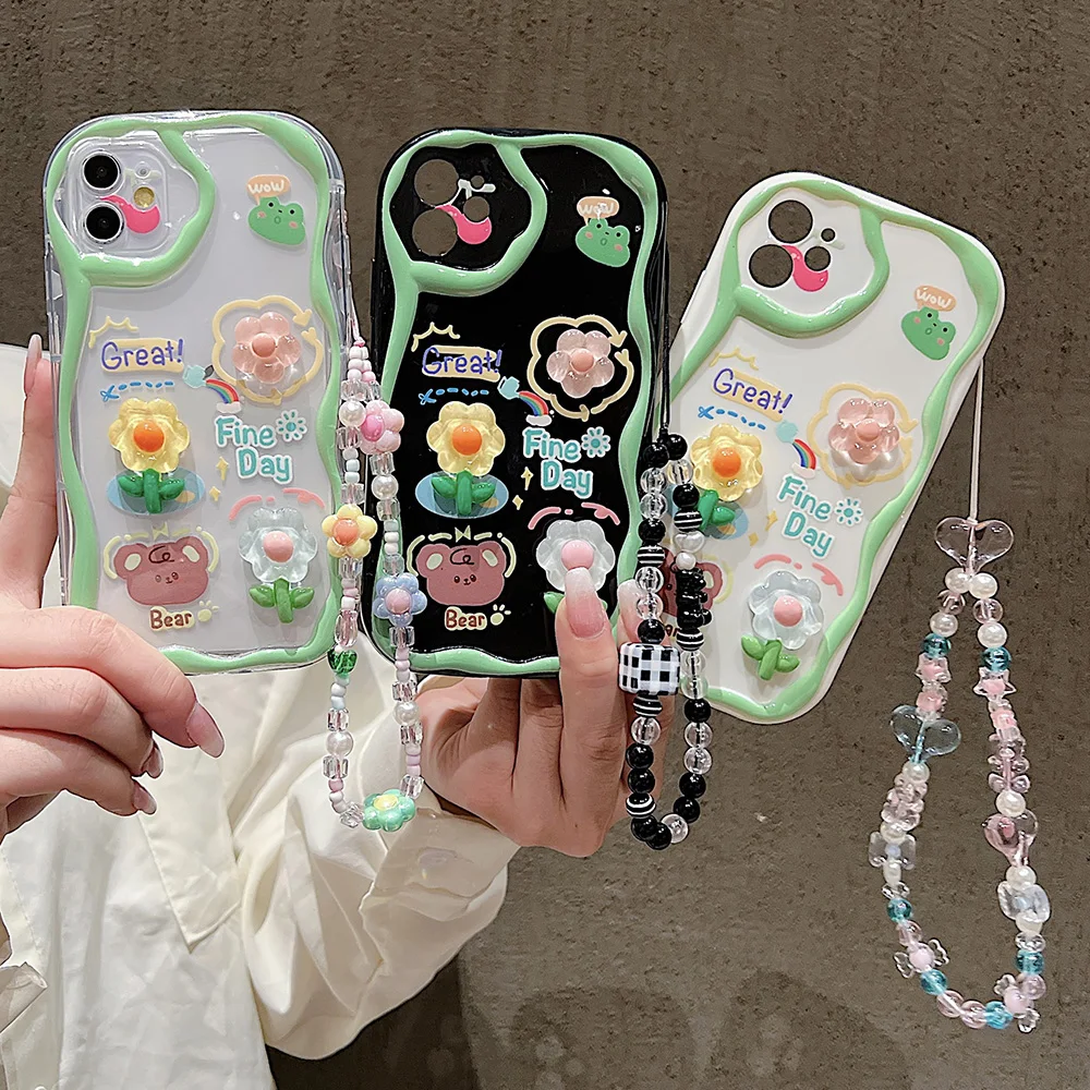 Мягкий силиконовый чехол с 3D цветочной подвеской на цепочке для телефона iPhone 16 15