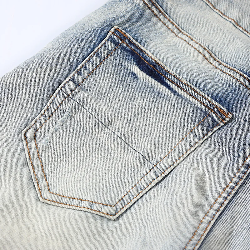 High Street Fashion Men Jeans Retro Blue Skinny Elastic Ripped Jeans Men Stretch Button Fly Patched Trousers Hip Hop Brand Pants