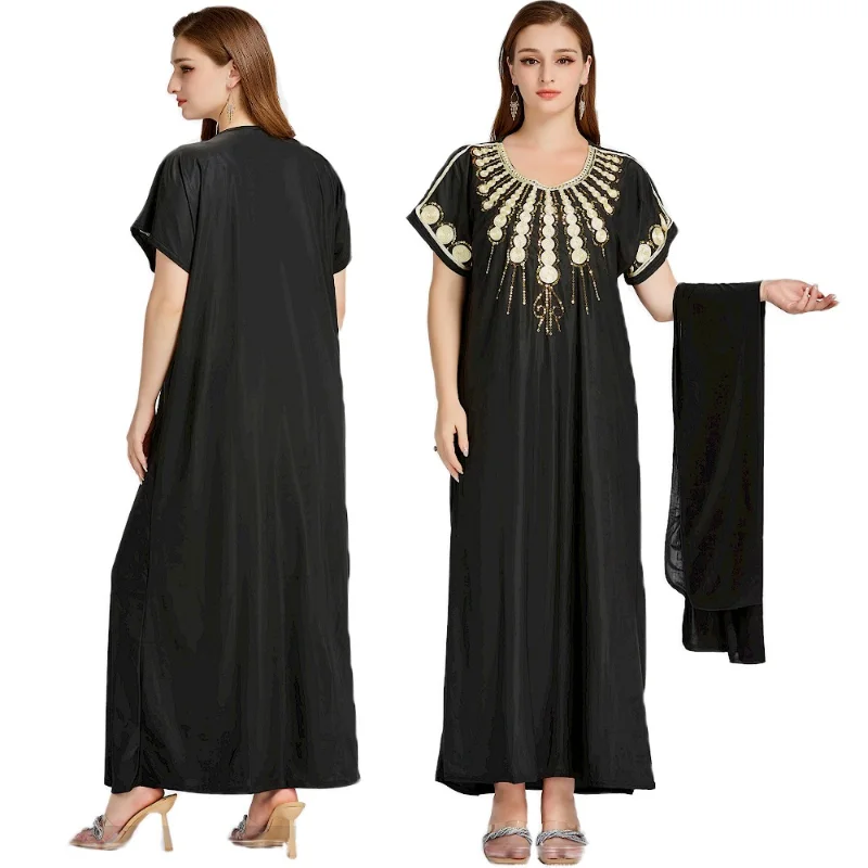 2023 Summer Fashion Style Muslim Women O-neck Short Sleeve Black embroidery Long Dress Muslim Abaya Maxi Dress Abayas for Women