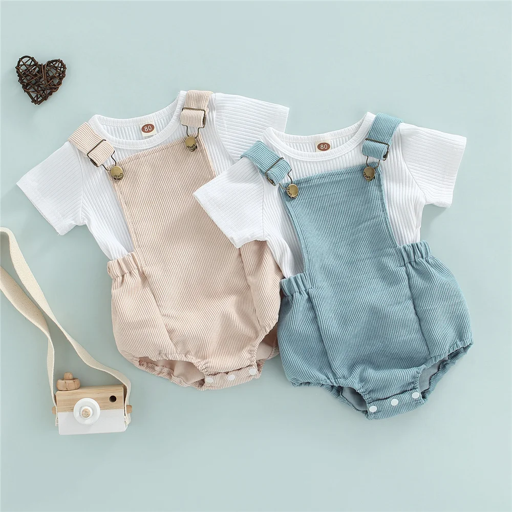 

Cute Two Piece Summer Baby Boy Girl Clothes Sets Toddler Kids Ribbed Short Sleeve T-Shirt Tops + Adjustable Straps Romper 2022
