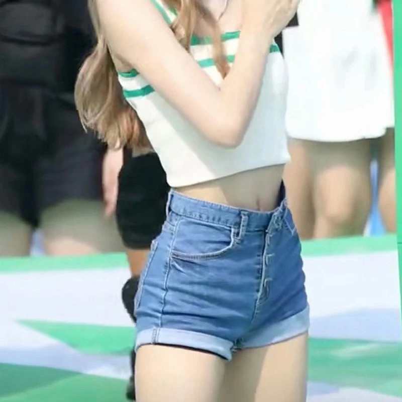 Kpop Lisa Korean Women's Straight Denim Shorts High Waist 2022 Fashion Slim Shorts Ladies Summer Single-breasted Pocket Shorts