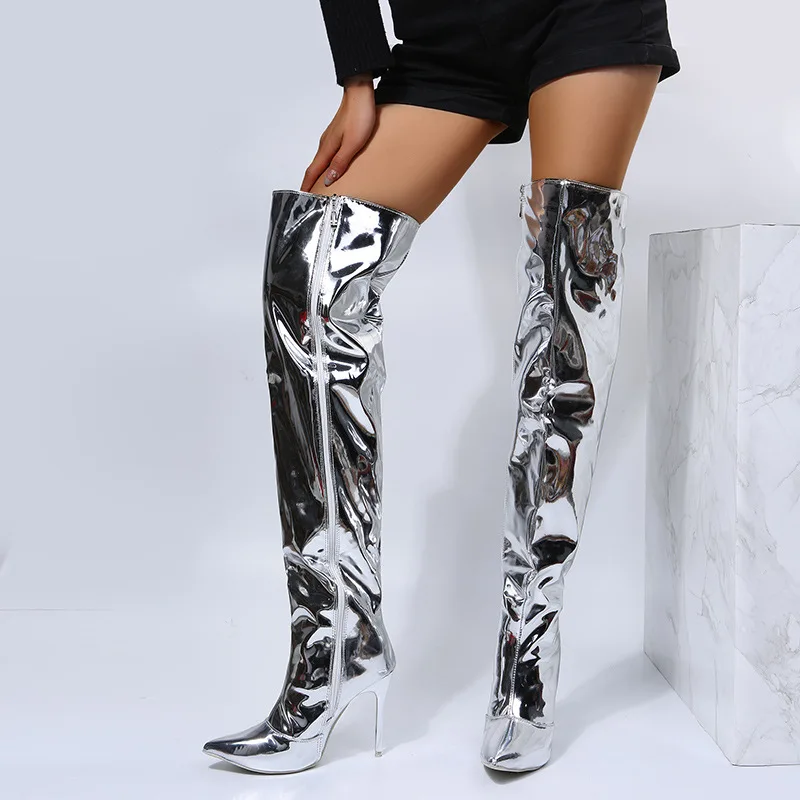 Women Over The Knee Long Boot Sequins Patent Leather Pointed High Heel Fashion Boot Sexy Nightclub Cowboy Knight Motorcycle Boot