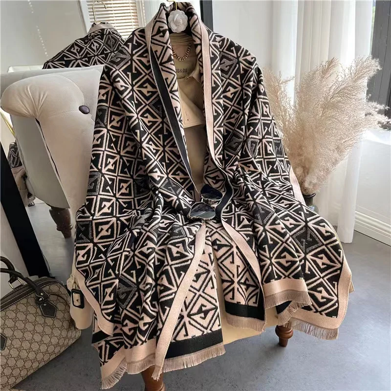 

2022 New Geometric Imitated Cashmere Scarf Women's Autumn/winter Jacquard Scarf Every Shawl Double-sided Thick Female Scarves