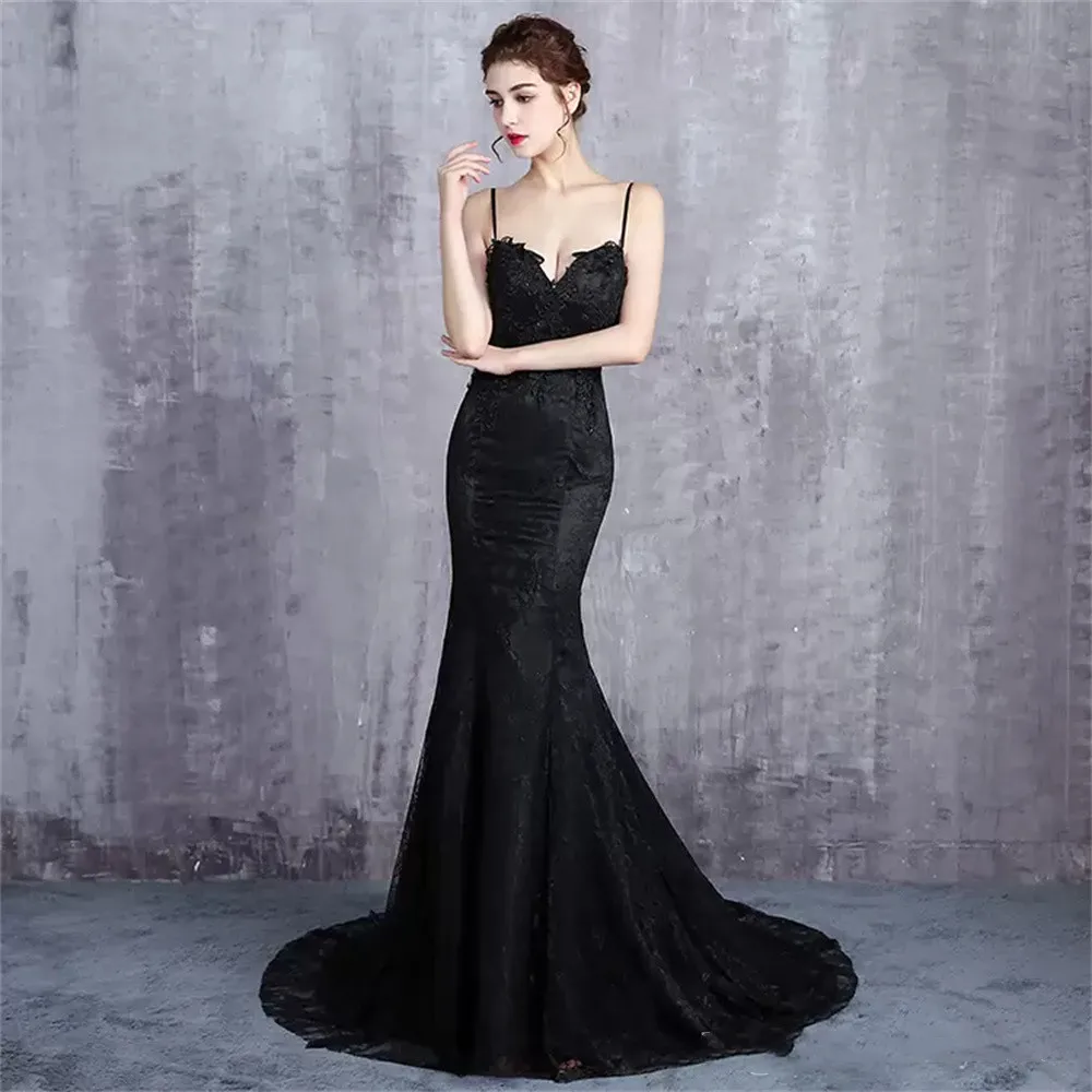 

Черное Кружевное длинное свадебное платье с юбкой-годе, на бретельках, с открытой спиной, современные женские вечерние платья для выпускного вечера и вечеринки, простые элегантные платья