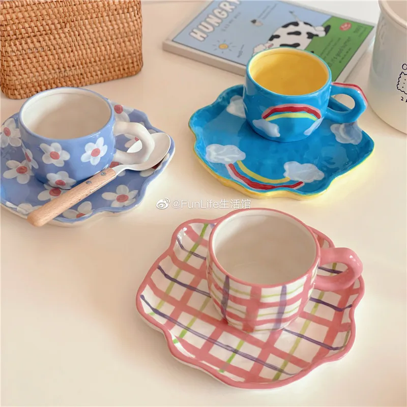 

Living Hall Cute Hand-Pinching Rainbow Clouds Plaid Breakfast Plate Mug Coffee Cup Ceramic Plate les assiettes de table тарелки
