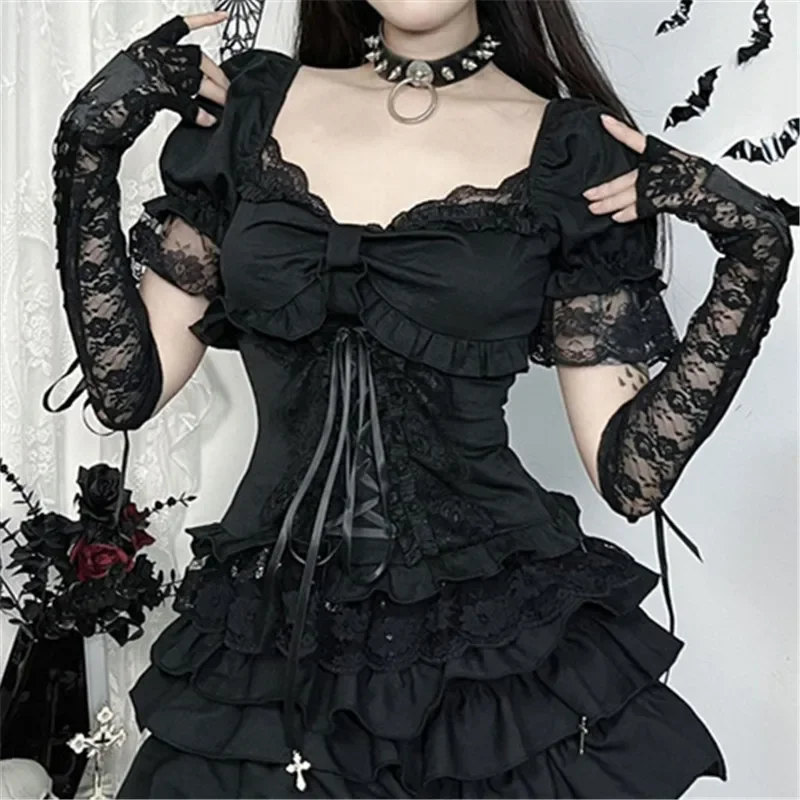 Фото Черная однотонная кружевная лоскутная футболка с короткими рукавами E-girl Kawaii с бантом, бандажные топы Mall, готическая техническая одежда, женские тонкие альтернативные футболки №1