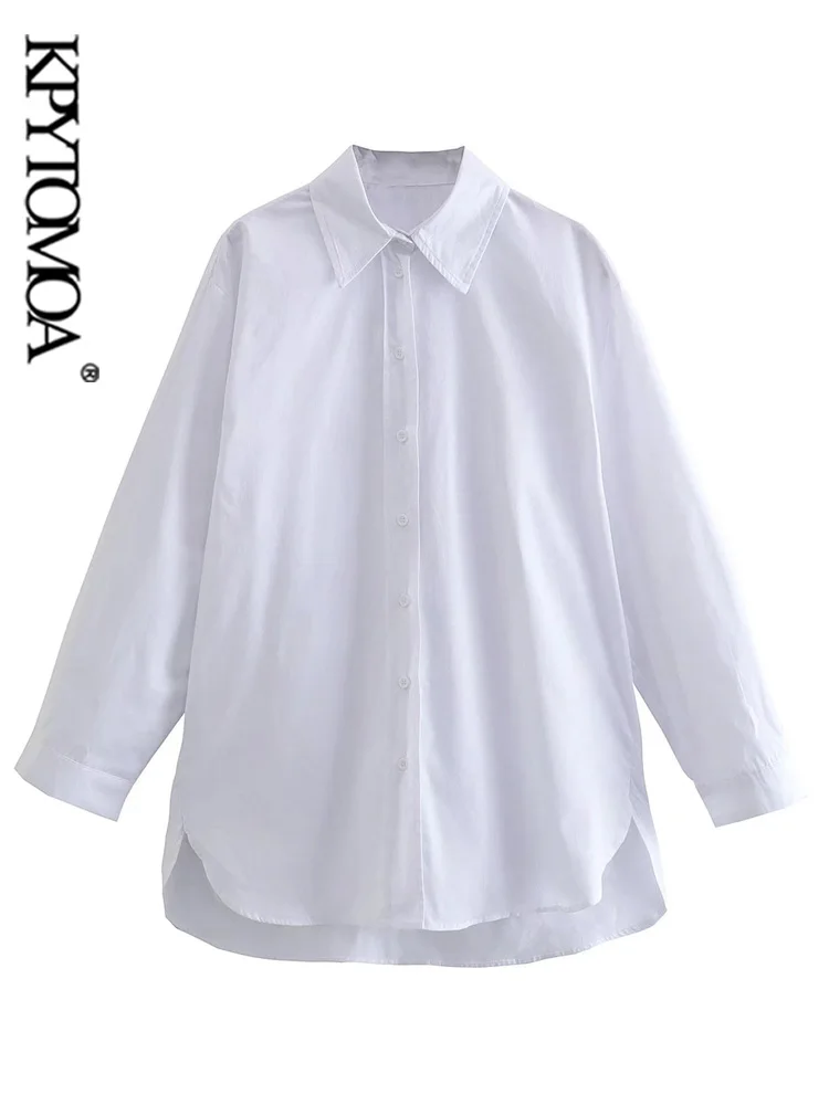 

KPYTOMOA Women Fashion Loose Poplin White Shirts Vintage Long Sleeve Side Vents Female Blouses Blusas Chic Tops
