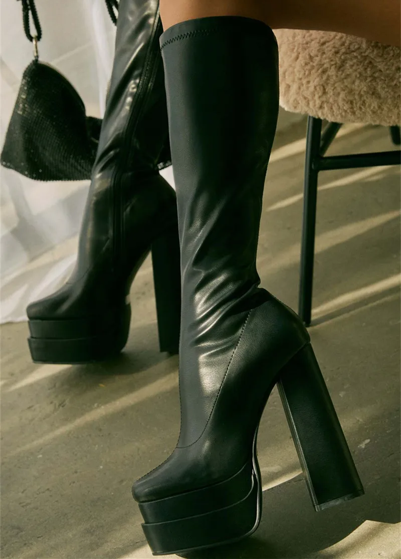 Woman New Fashion Sexy Pure Color Square Toe High Heels Platform Zipper Knee High Boots Slim Height Increasing Outdoor Shoes 42