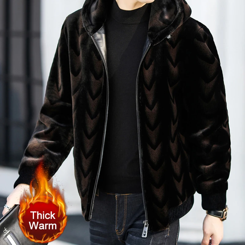 

Men Geometric Patterns Hooded Zipper Fur Jacket Imitate Leather Fleece Fur Fluffy Coat Jacket Jumper Warm Streetwear Jacket Man