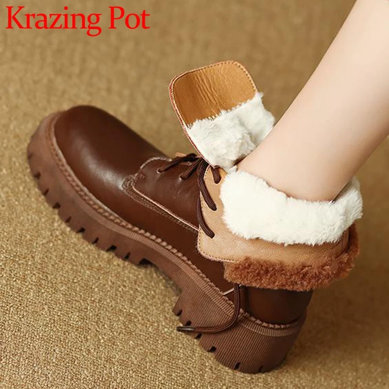 

Krazing Pot Wool Cow Leather Round Toe Med Heels Snow Boots Stay Warm Fur Cross-tied Winter British School Platform Ankle Boots