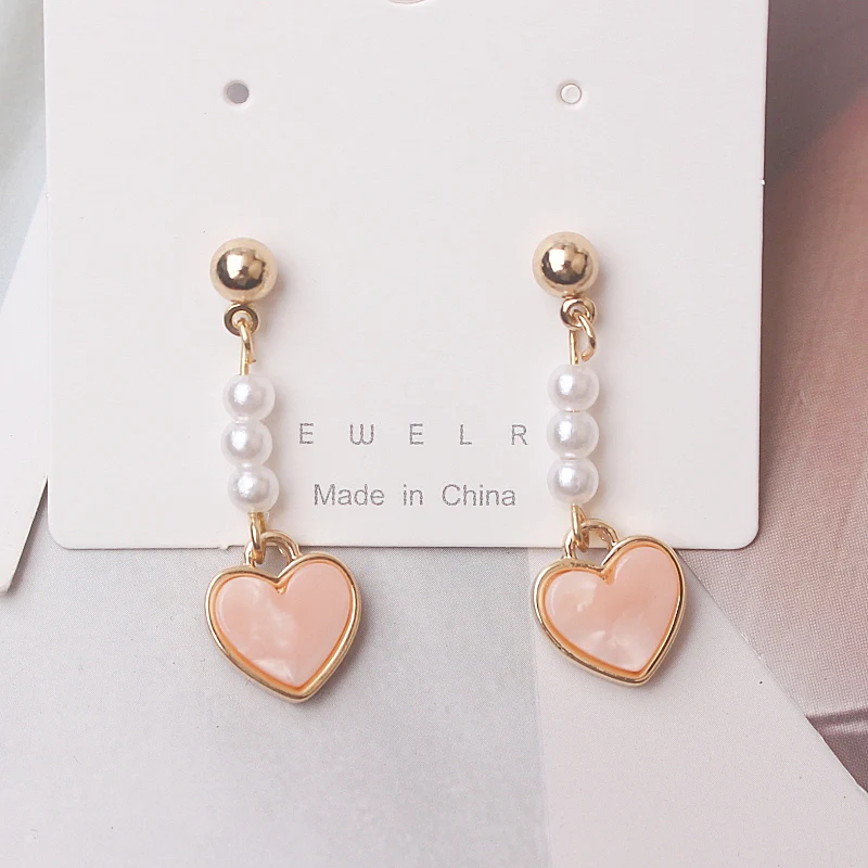 

Pink Color Heart Peandants Women's Hanging Earrings Imitation Pearl Beads Long Dangle Earrings Korean New in 2023 pendientes