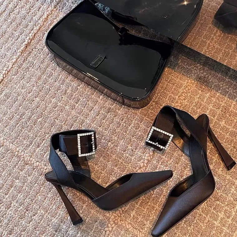 2023 New Style Rhinestone Square Buckle Thin Heel Wrapped Sandals Square Back Hollow Shallow High Heel Single Shoes