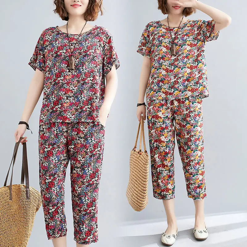 

Women 2022 Summer Vintage Clothes Set Print Thin Soft Cotton Female Loose Top High Waist Harem Pants Casual 2 Piece Suits N87