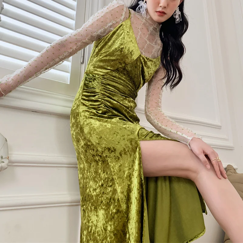 

Spring Elegant Mesh Patchwork Midi Dress Draped Velvet Bright Silk Sexy Female Vestidos Split Slim See Through Robe New Fanshion