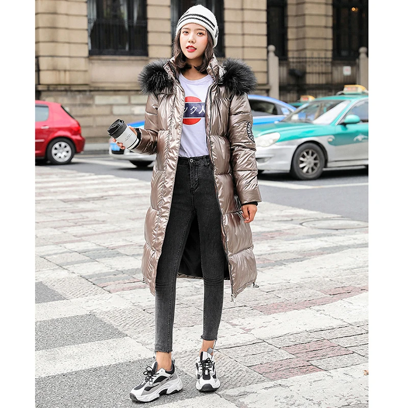 Bright Cotton Padded Coat Women Fur Collar Loose Thicken Warm Jacket Women 2022 Winter Korean Fashion Solid Long Parkas Female