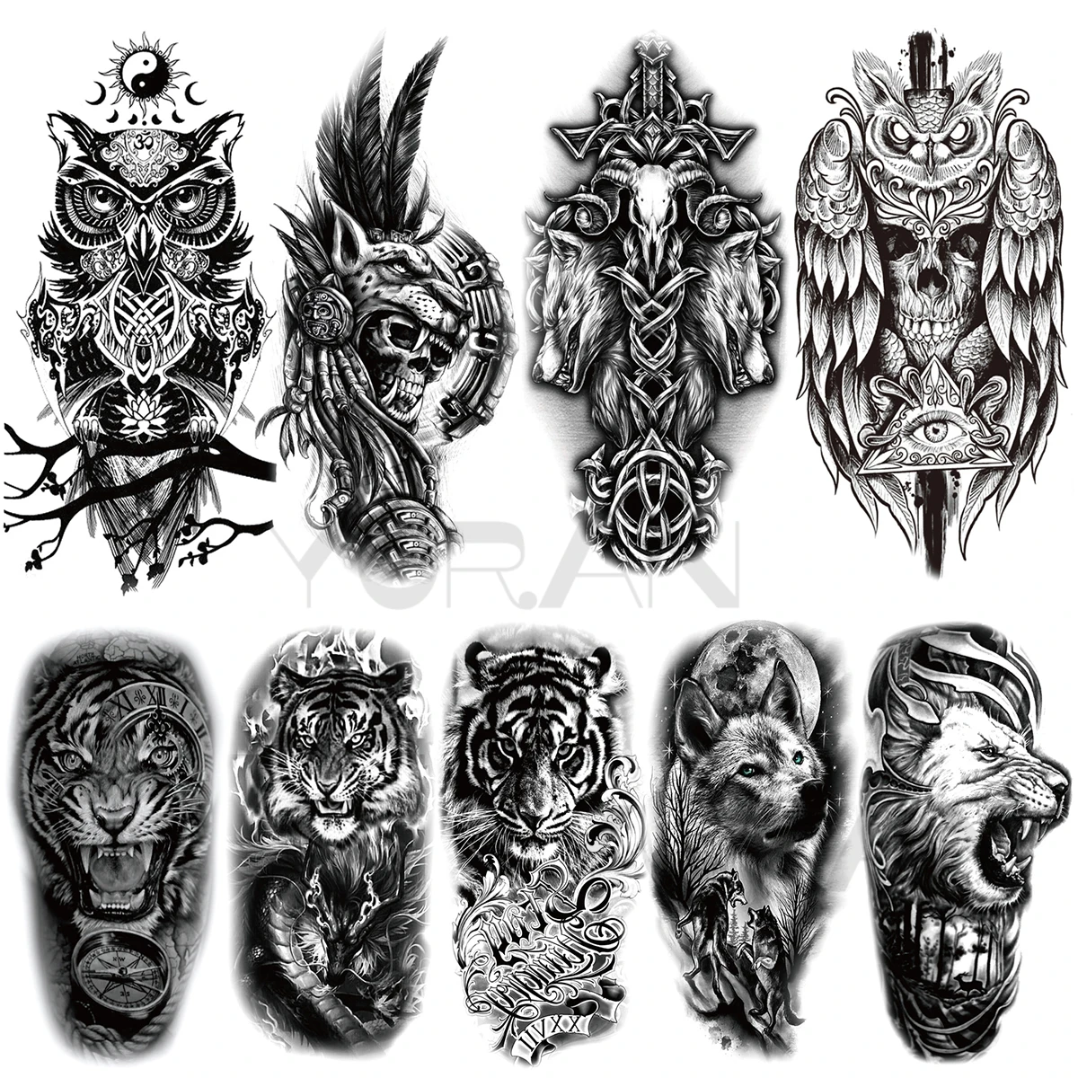 

Black Owl Temporary Tattoos For Women Men Realistic Scary Wolf Cross Wings Tiger Compass Fake Tattoo Stickers Back Arm Tatoos