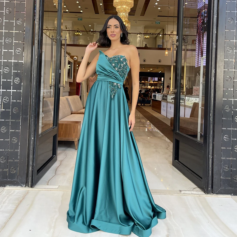 

Formal Evening Dress For Women Strapless Zipper Sleeveless Lace Applique Party Dresses Satin A-Line Floor Length Robes De Soirée