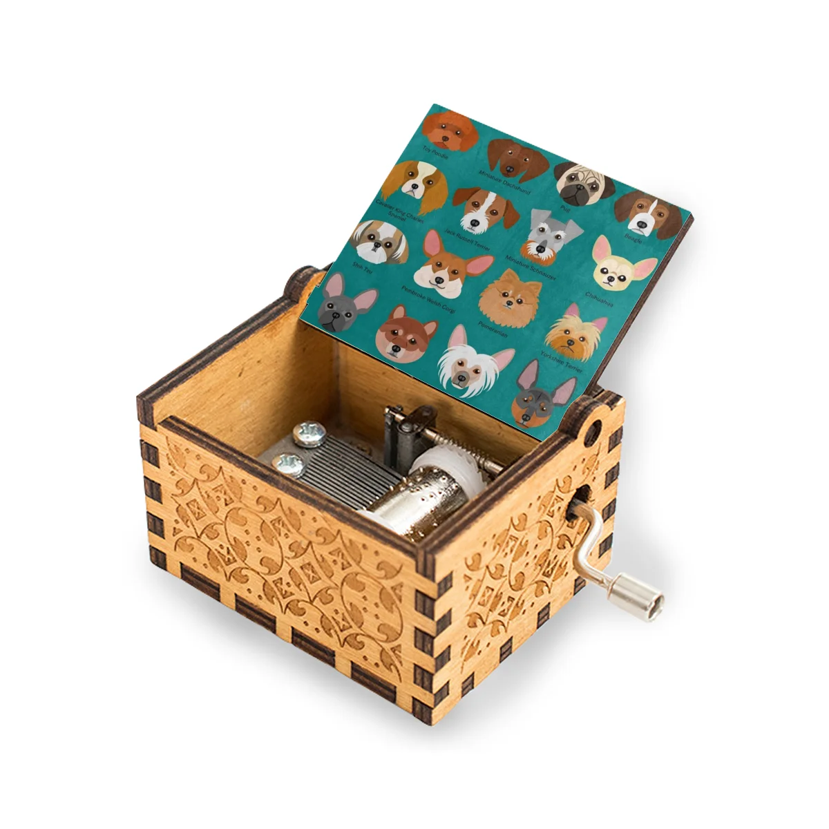 

Music Box Cute Puppy Dog Breeds Faces Set On Teal Blue Tiny Gift For Daughter From Dad, Wood Laser Engraved Vintage Mini Cute Mu