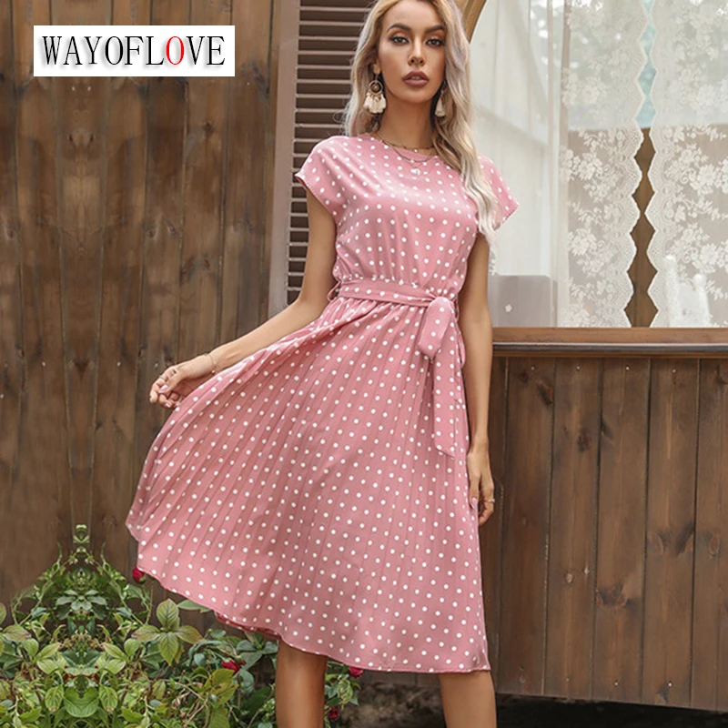 

WAYOFLOVE Spring Summer Women Pink Polka Dots Dress Elegant Casual Flying Sleeve O Neck Office Lady Vestidos Party Folds Dresses