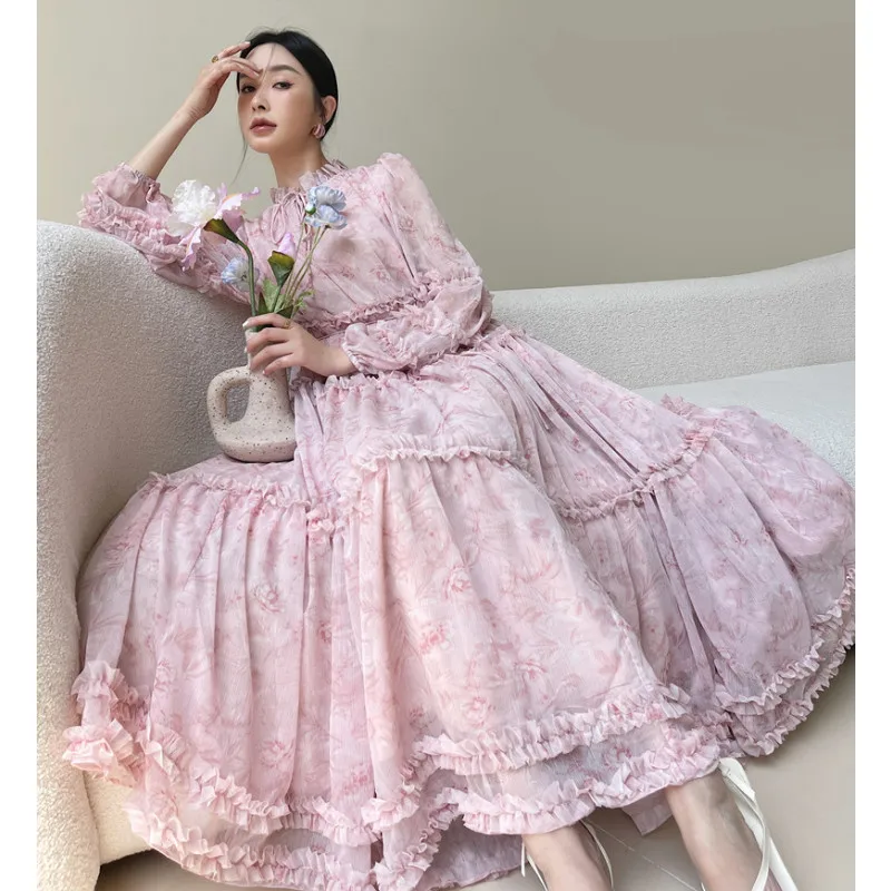 High-end Pink Chiffon Dress Women 2023 New Ruffles Pink FLoral Print Pleated Layers Lantern Long Sleeve Holiday Dress