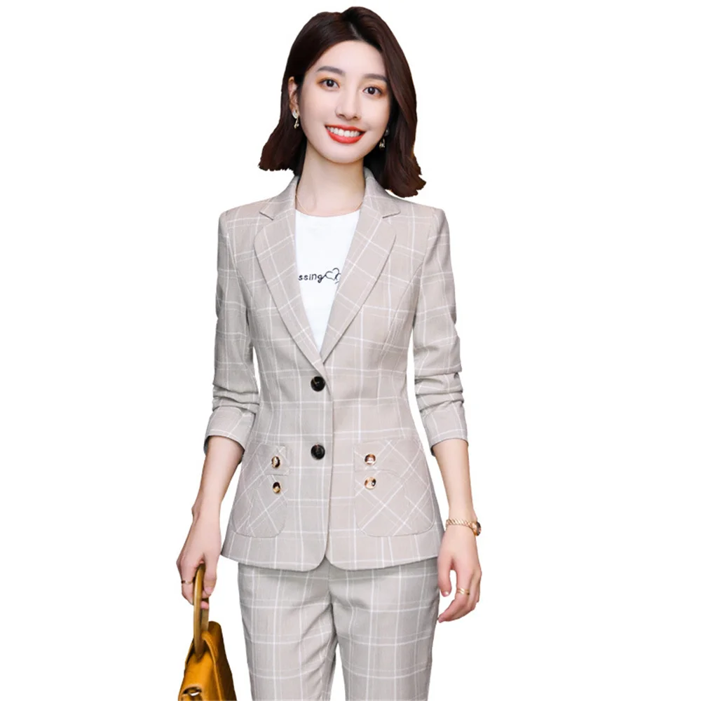 Chic Plaid Women's Formal Pants Set 2023 New in Female Casual Business 2 Piece Set Elegant Office Lady Blazer Suit with Trousers