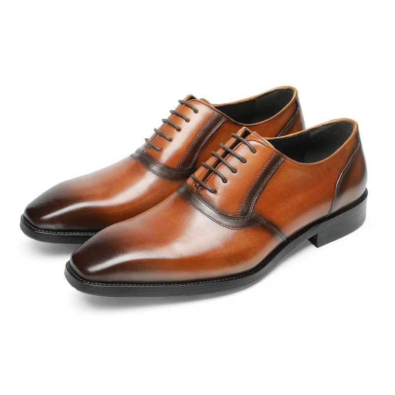 

Stylish Men's Shoes Genuine Leather 2022 New Business Dress Cowhide Square Head Lace Wooden Heel Oxford Man Wedding Footwear