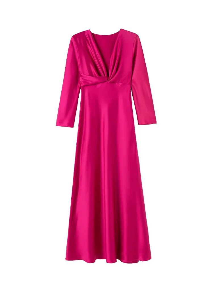 

Women 2022 Autumn New Chic Fashion Knotted silk-satin textured midi Dress Vintage Long Sleeve Female Dresses Vestidos Mujer