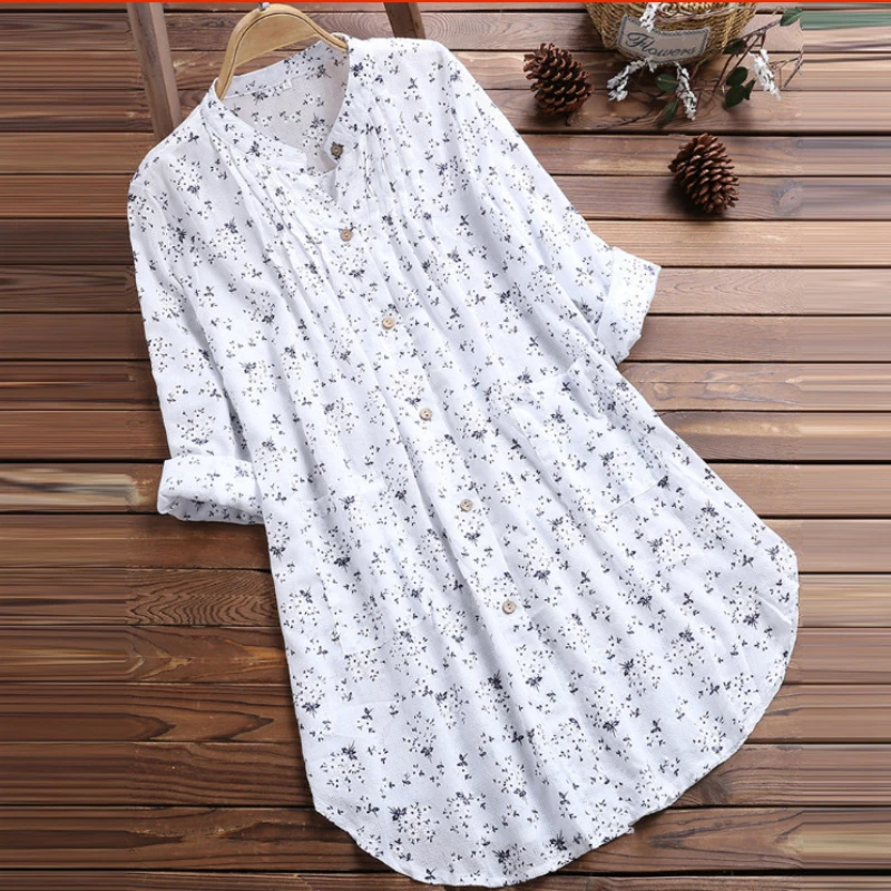 

2022 Women V-Neck Pleated Shirts Floral Print Long Sleeve Casual Dress Vestido Uk Traf-Za Ropa Shirt Summar Blonda Fashion New