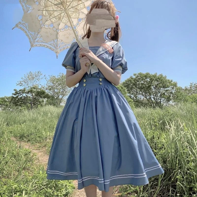

Anbenser Japanese Lolita Sweet Dress Harajuku Sailor Collar Navy Dresses Vintage Bow Kawaii Girls Preppy Style Long Sleeve Dress