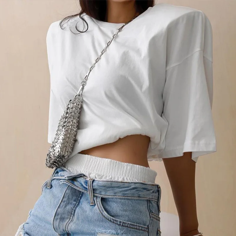 Женские шикарные футболки с подкладкой на плечах однотонные Топы коротким