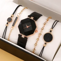5pcs fashion womens non scale watch vintage leather casual quartz wristwatch with bracelet set ht1005
