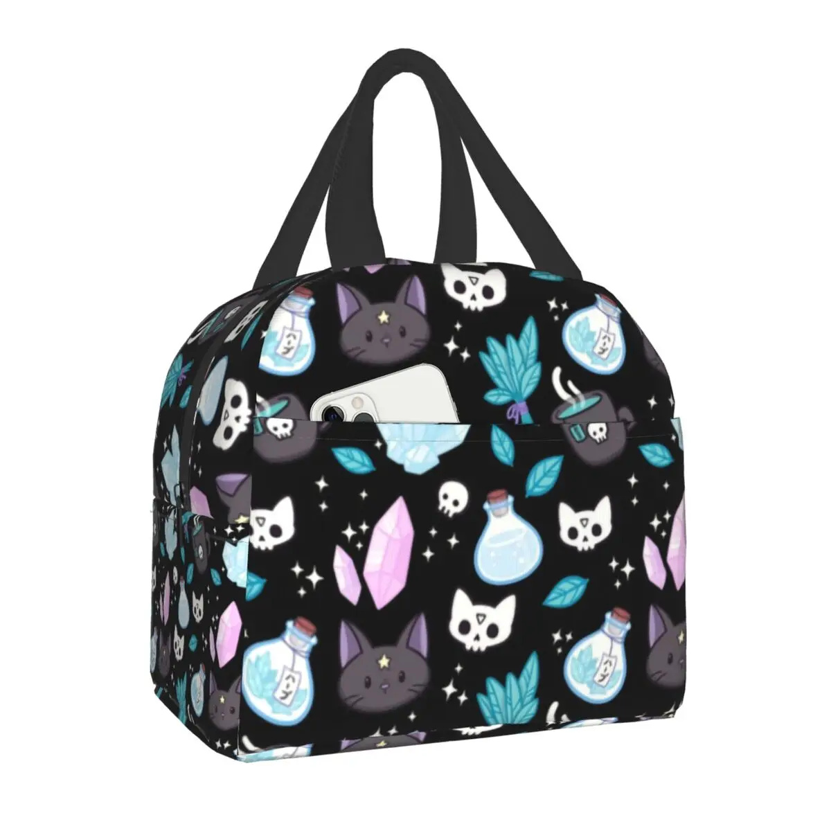 

Herb Witch Pattern Insulated Lunch Bag for Women Resuable Spooky Cat Skull Thermal Cooler Lunch Tote Office Work School