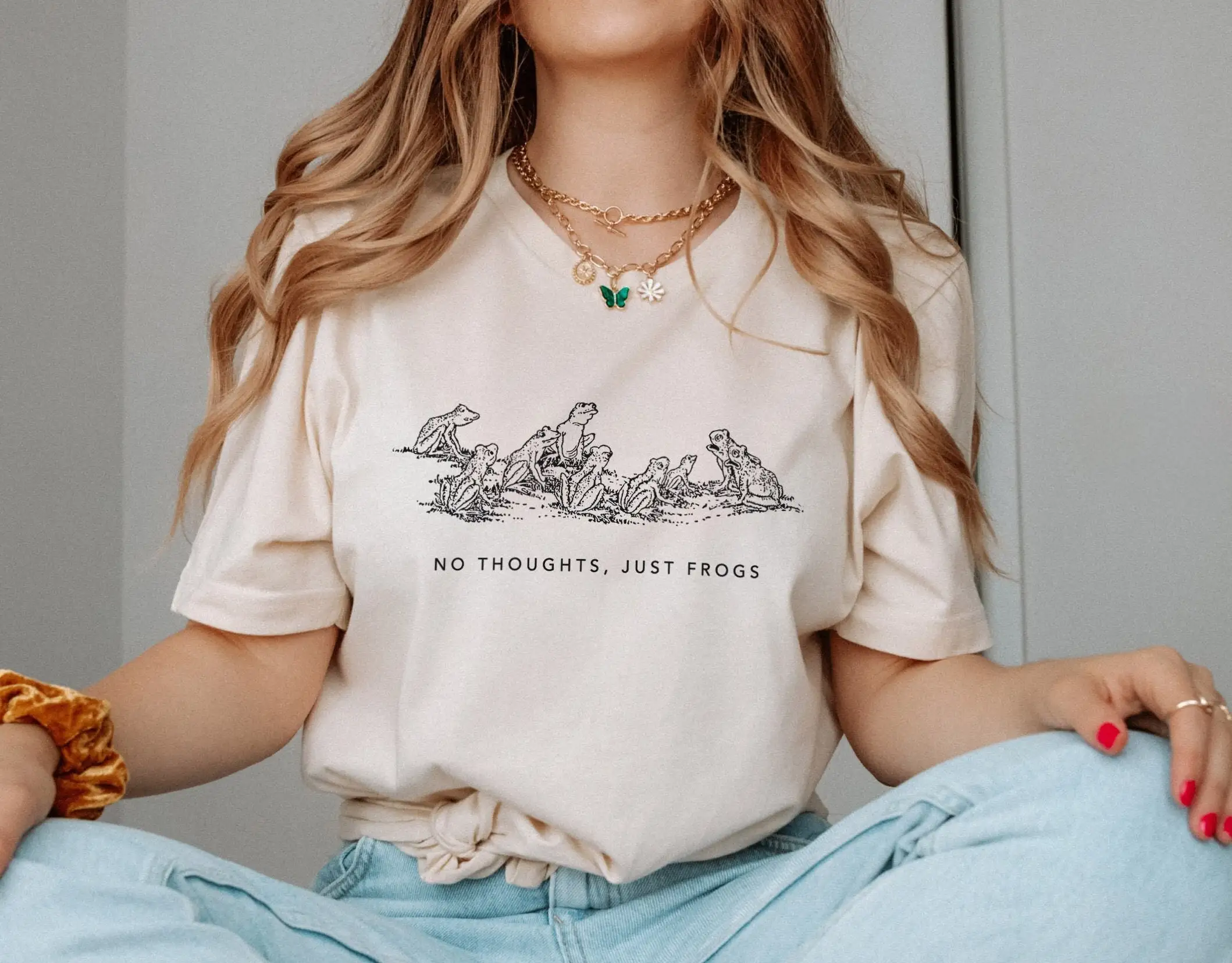 Футболка с забавным мемом без мыслей просто лягушки трендовая зубная жаба милый